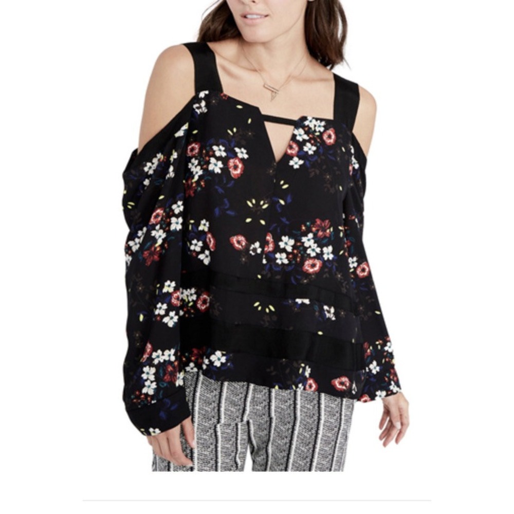 RACHEL Rachel Roy Womens Cold-Shoulder Floral Blouse Black Multi Size M NWT